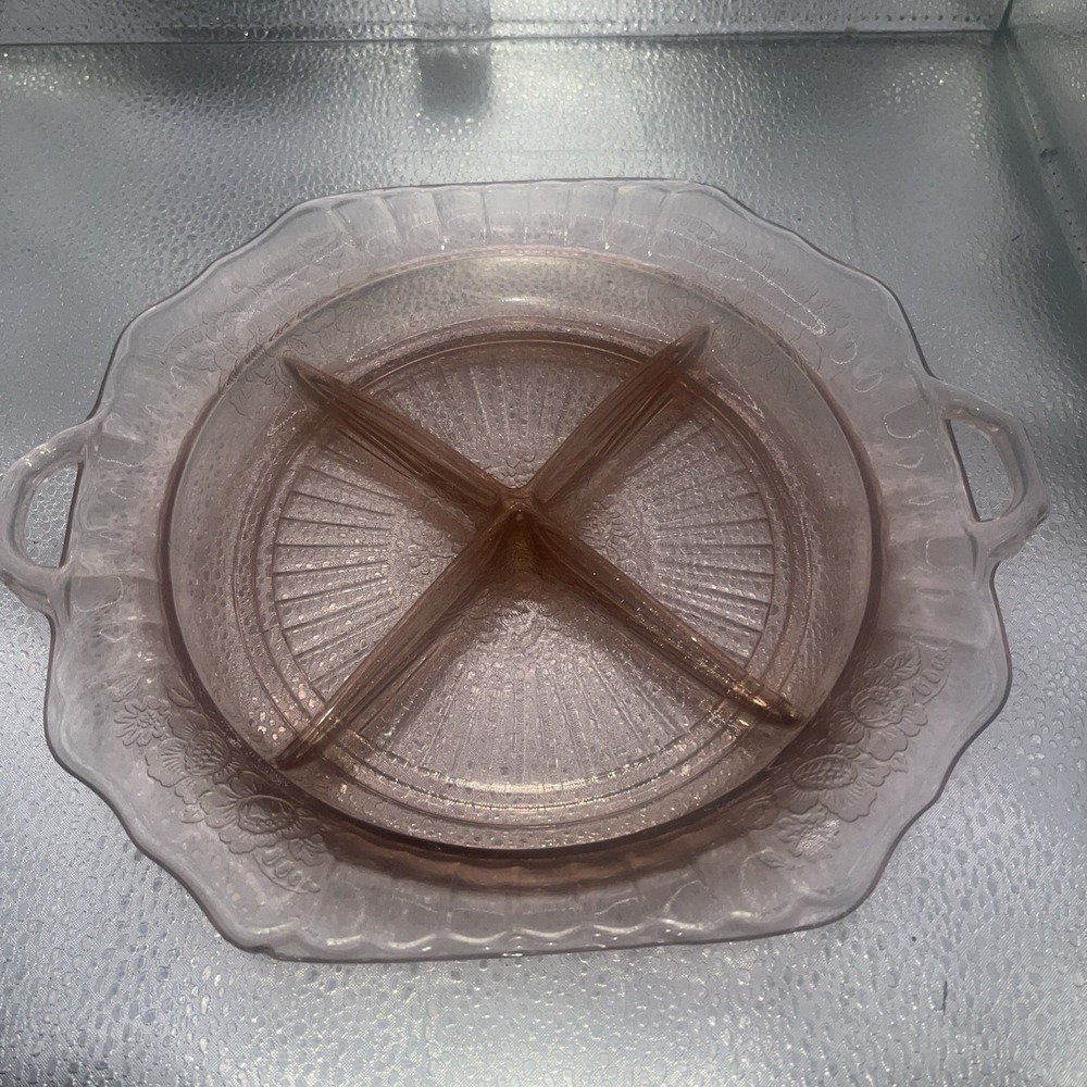 1930's Handled Anchor Hocking Pink Depression Glass Mayfair Open Rose 4 sections